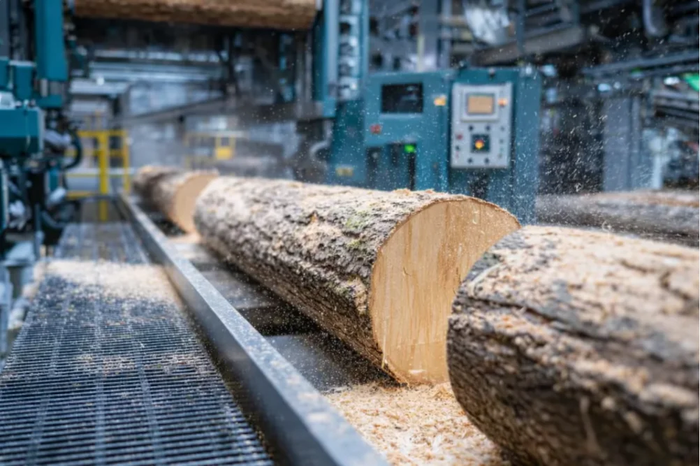 Illustration d’automatisation industrielle — Sawmills Wood Processing Industrial Automation Hero